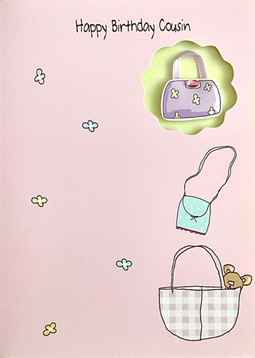 Cousin Happy Birthday Card 3D Handcrafted Embellished Handbag Teddy Bear Design