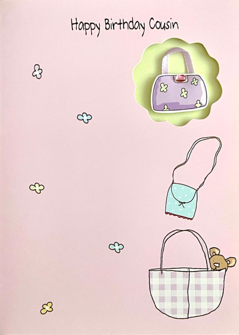 Cousin Happy Birthday Card 3D Handcrafted Embellished Handbag Teddy Bear Design