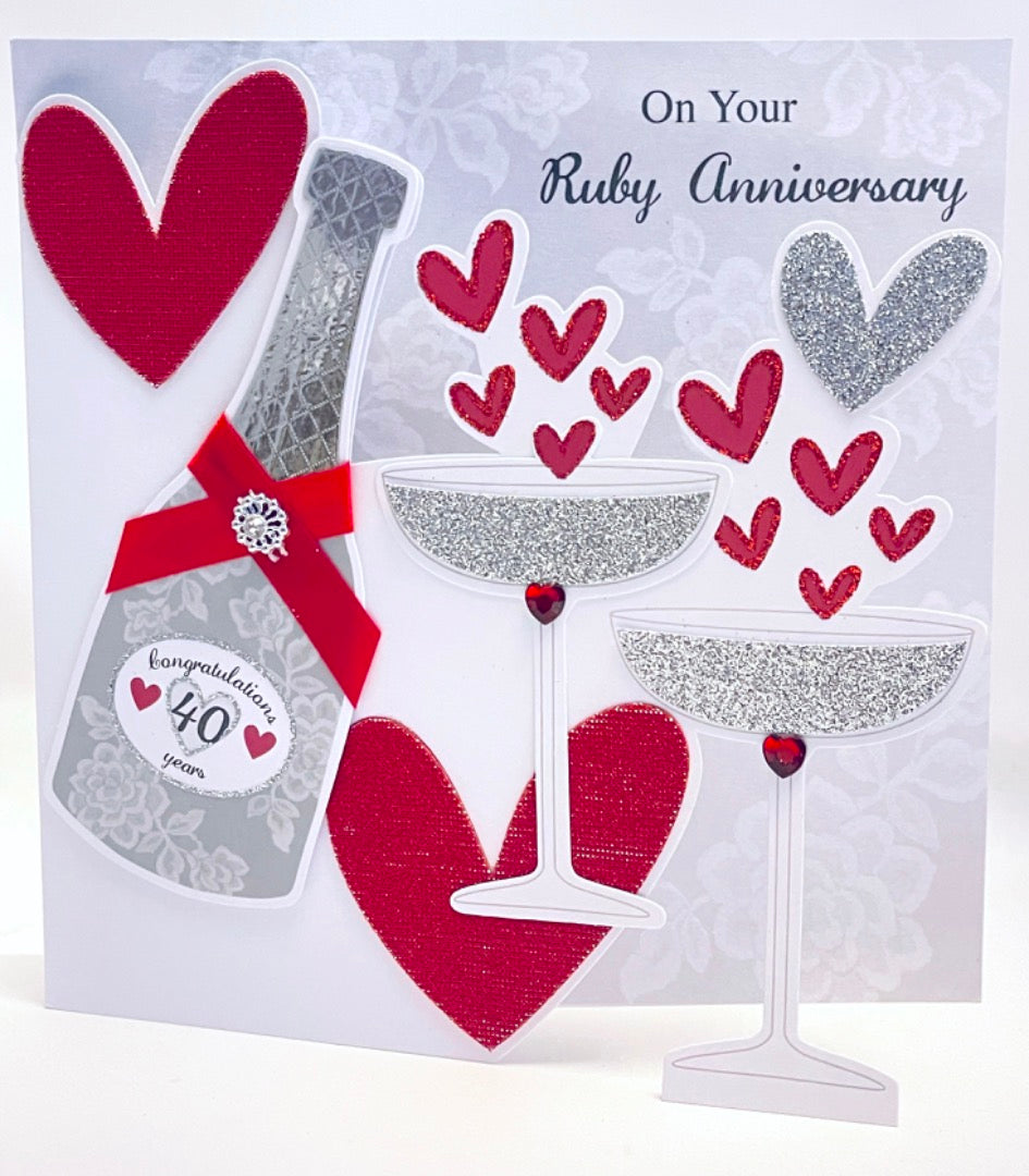 On Your Ruby Wedding Anniversary Congratulations 40 Years 40th Large Card - 3D Hand-finished Champagne and  Hearts