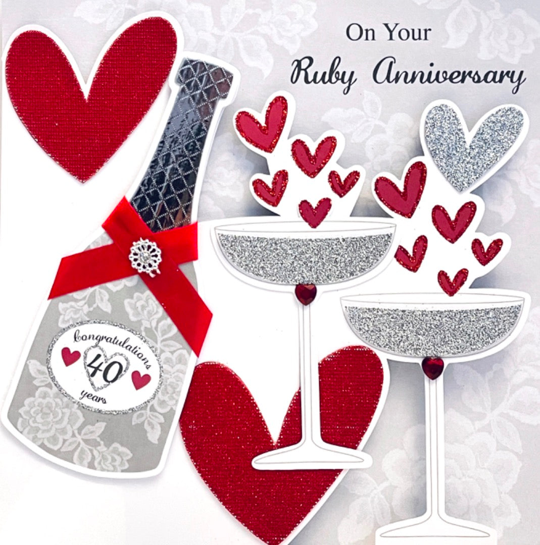 On Your Ruby Wedding Anniversary Congratulations 40 Years 40th Large Card - 3D Hand-finished Champagne and  Hearts