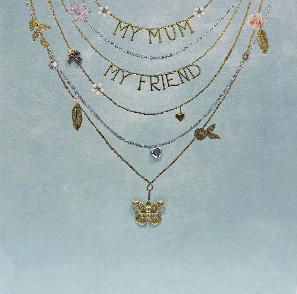 My Mum My Friend Embossed Gold and Silver Foil Sequenced Necklace Luxury Mother's Day Card from UK Greetings