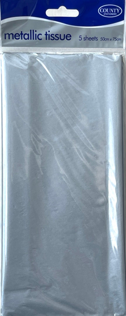 Pack of 5 Sheets of Silver Metallic Tissue Paper by County Stationery - Gift Wrap