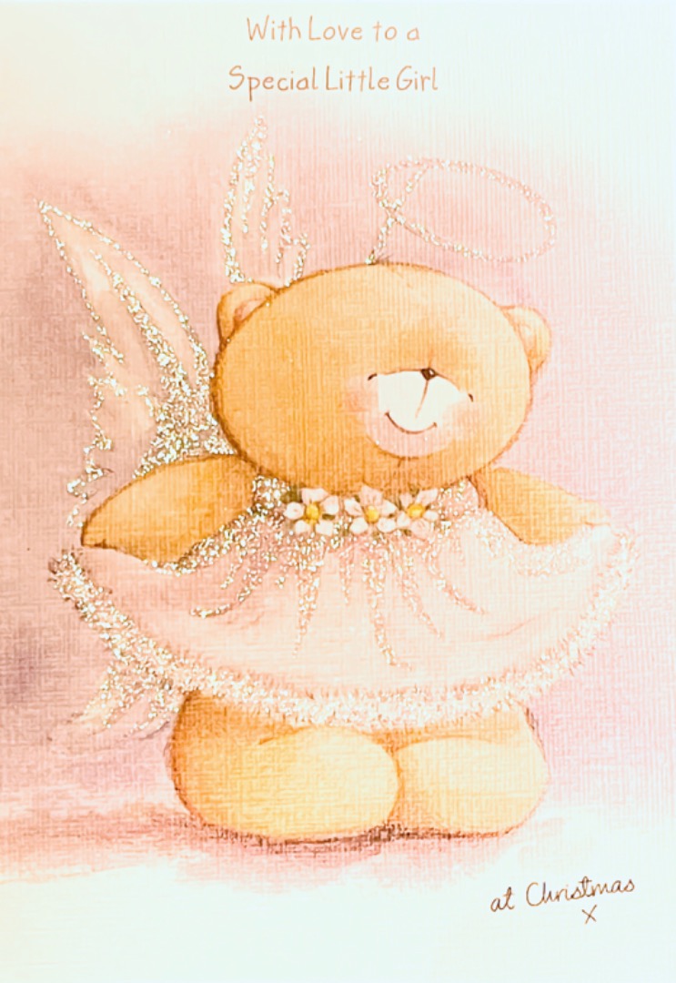Forever Friends Special Little Girl Christmas Card Bear Dressed as Angel with Halo Glitter Hallmark
