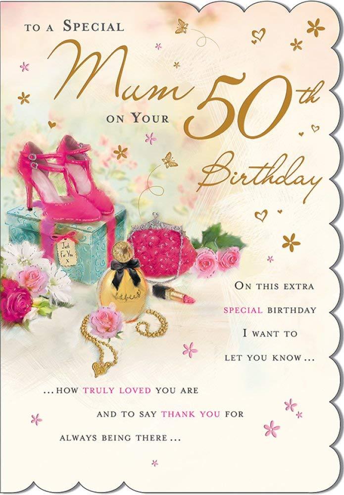 To A Special Mum on Your 50th Birthday Card with Thank You Verse - Perfume Makeup Shoes Bag Gifts