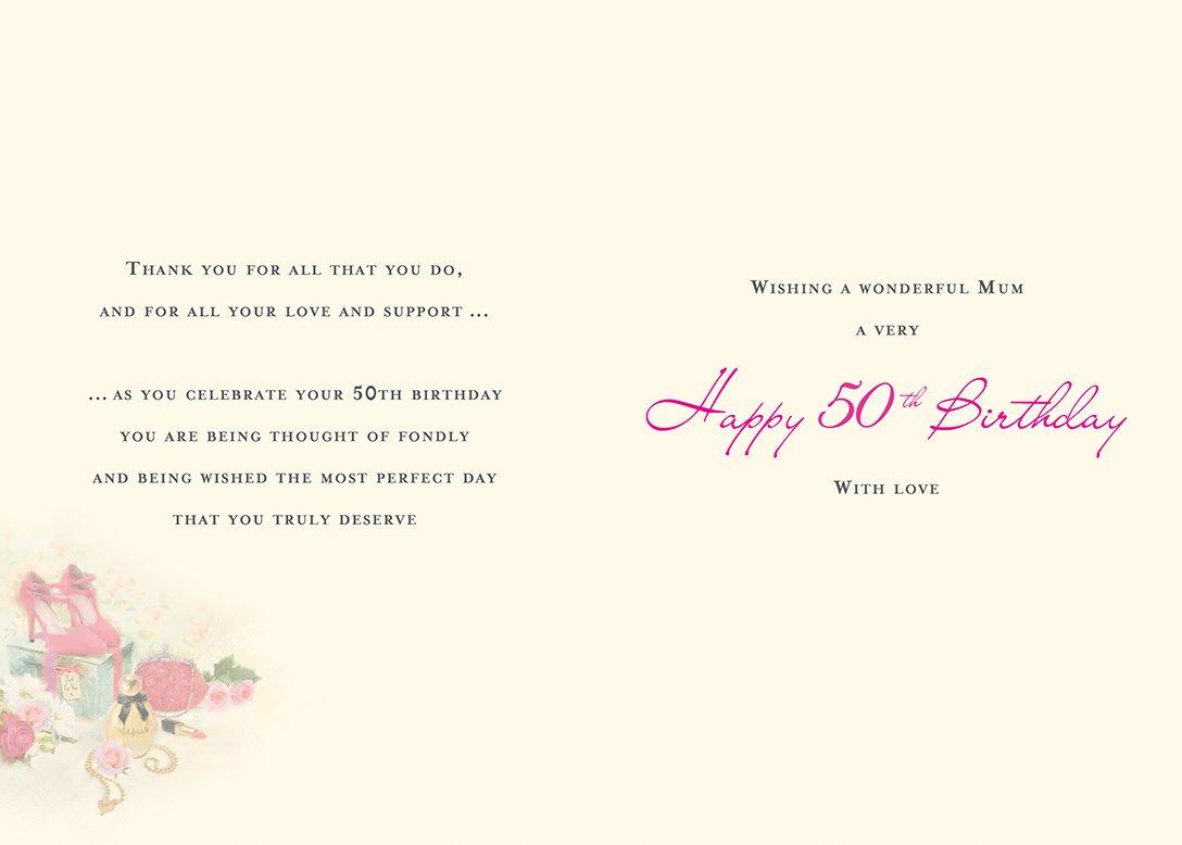 To A Special Mum on Your 50th Birthday Card with Thank You Verse - Perfume Makeup Shoes Bag Gifts
