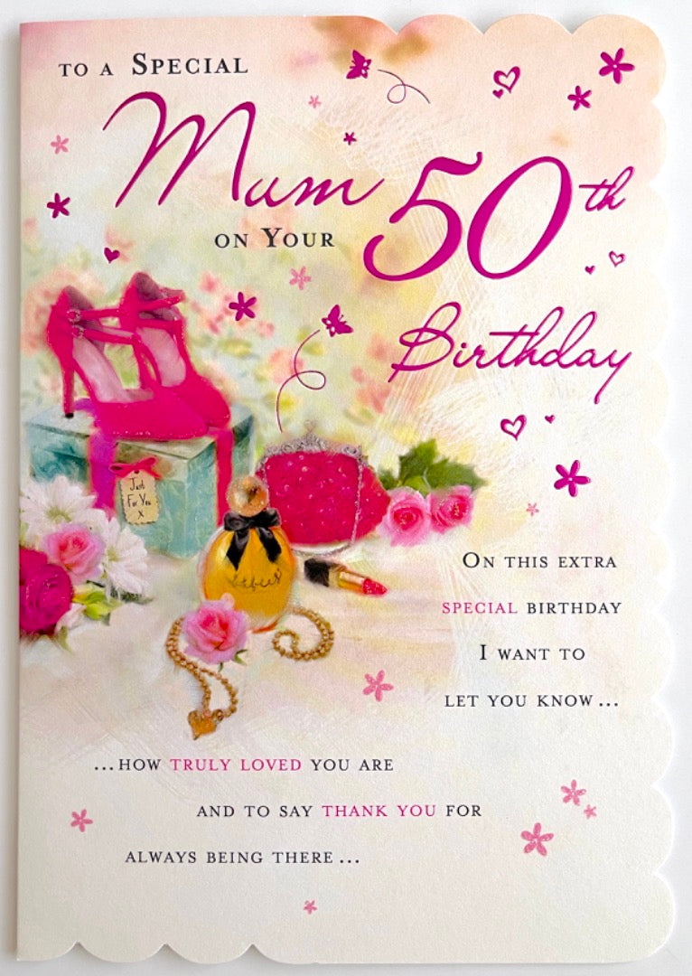 To A Special Mum on Your 50th Birthday Card with Thank You Verse - Perfume Makeup Shoes Bag Gifts
