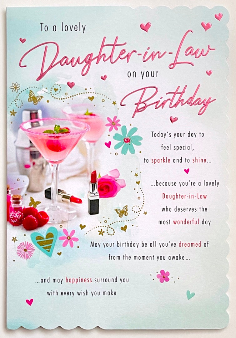 Lovely Daughter-in-Law Happy Birthday Card Special Words Cocktails Bar & Lipstick