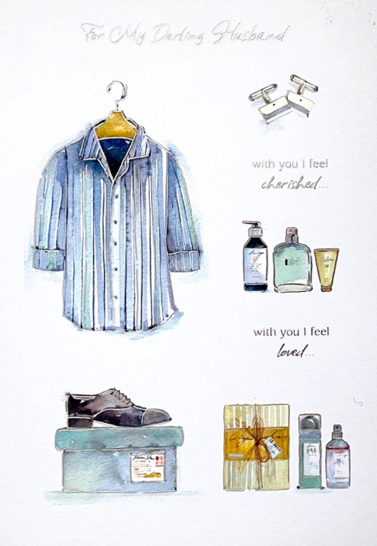 My Darling Husband Birthday Card Cherished Loved Complete Thank You Gifts Shirt Perfume Cufflinks Shoes