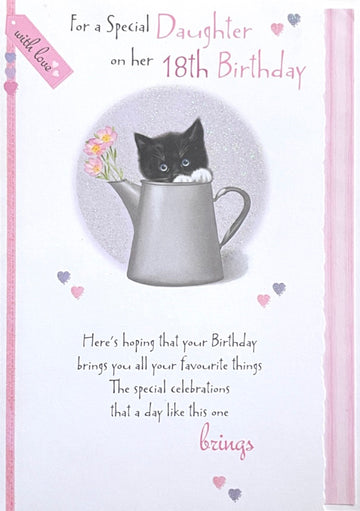 Special Daughter Happy 18th Birthday Card Cute Black and White Kitten Cat Glitter