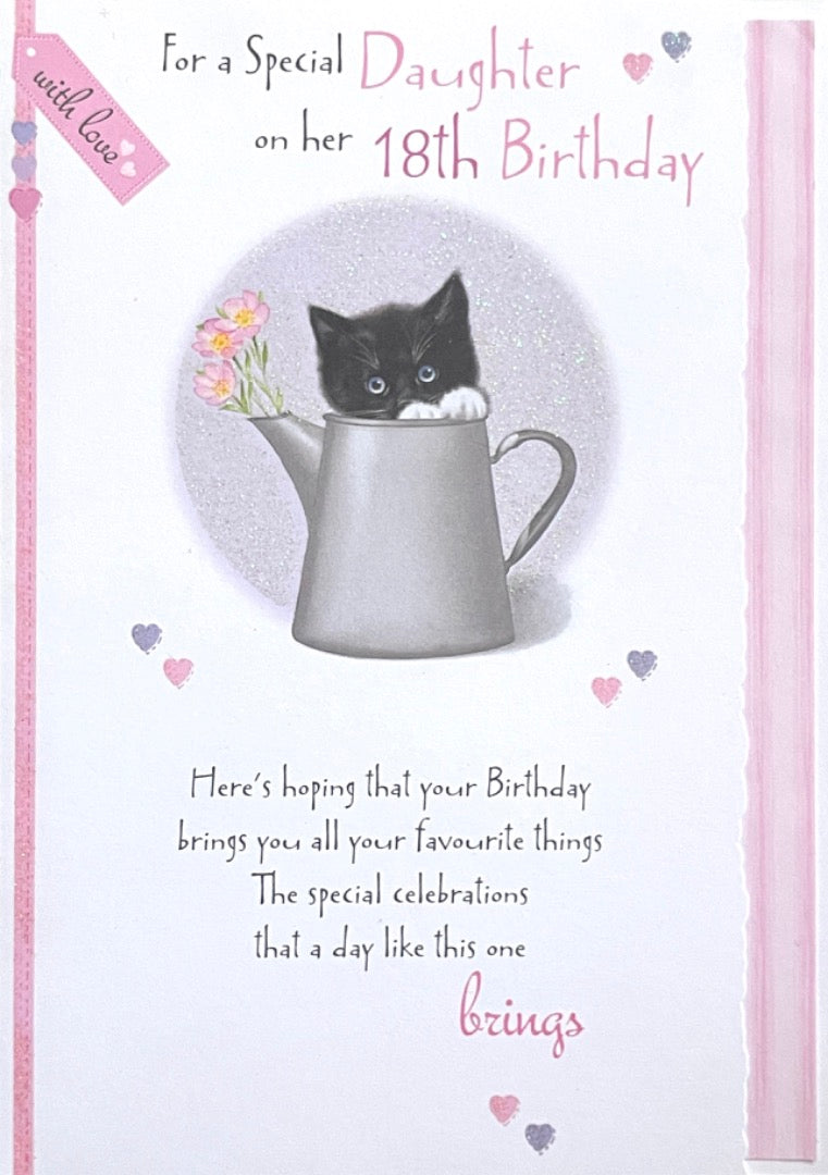 Special Daughter Happy 18th Birthday Card Cute Black and White Kitten Cat Glitter