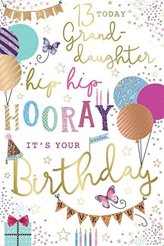 13 Today Grand-Daughter Hip Hop Hooray Its Your Birthday Celebrations Gold Foil Glitter Greeting Card