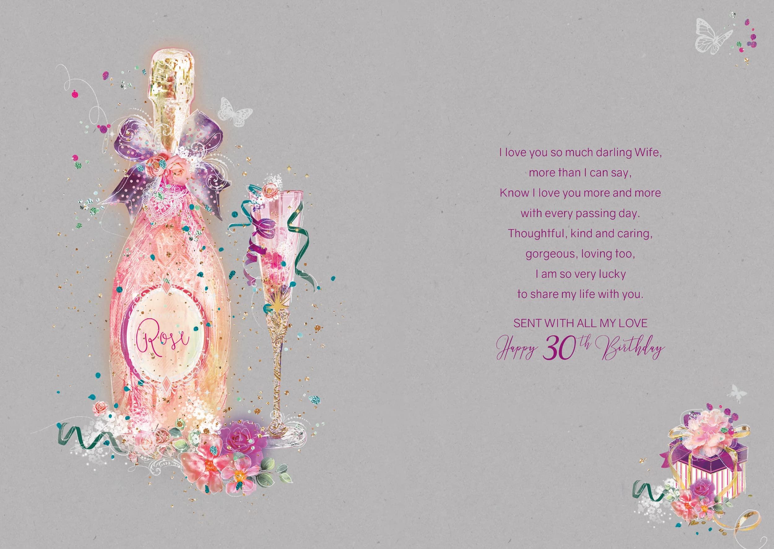 To My Beautiful Wife on your 30th Birthday -Prosecco Rose Grey Gold Glitter Card