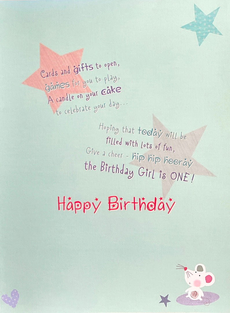 Girl 1 Today Happy 1st Birthday Extra Large Card - Adorable Bunny Rabbit and Cute Mouse