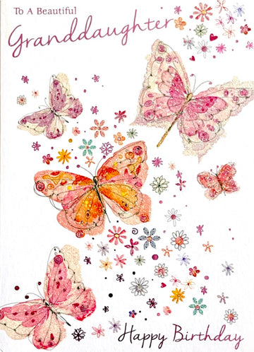 To A Beautiful Granddaughter Happy Birthday Card Glitter Butterflies and Flowers Art