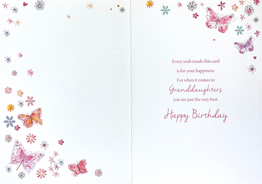 To A Beautiful Granddaughter Happy Birthday Card Glitter Butterflies and Flowers Art
