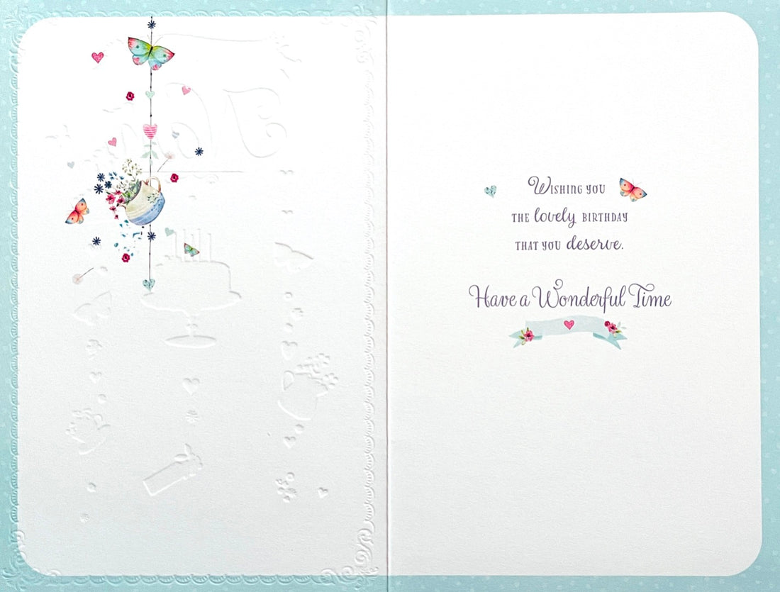 Nan Lovely Birthday Card with Beautiful Illustration Art Cake Flowers Butterfly Teacup