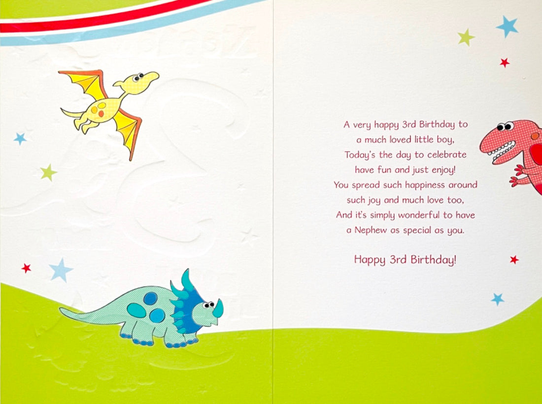 Special Nephew 3 Today Happy 3rd Birthday Card Dinosaurs T Rex Triceratops Pterodactyl