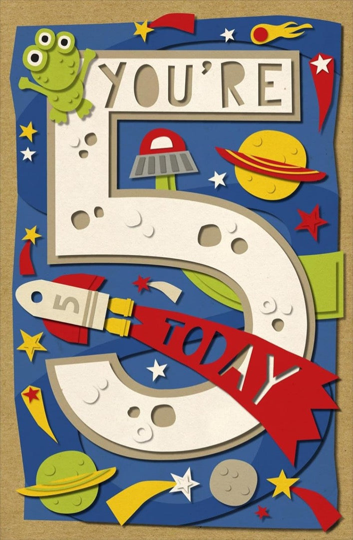 You're 5 Today 5th Happy Birthday Card Space Rocket Planets Starts UFO and Aliens