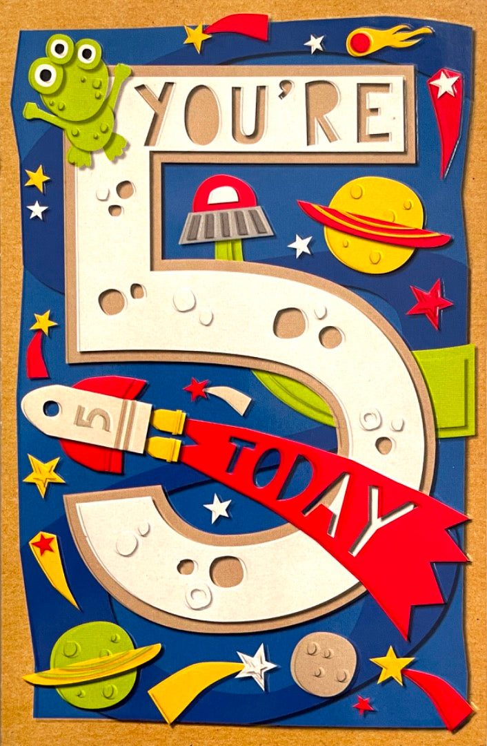 You're 5 Today 5th Happy Birthday Card Space Rocket Planets Starts UFO and Aliens