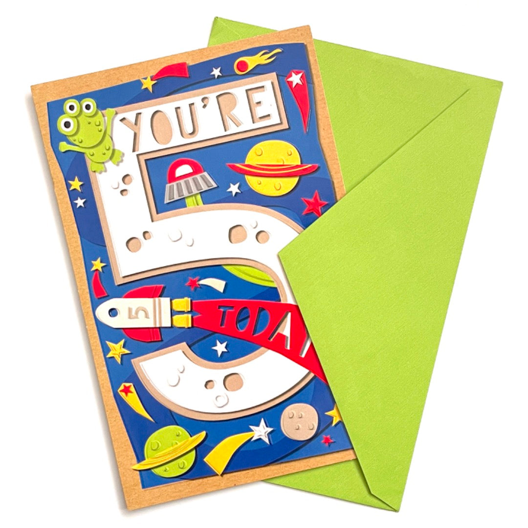 You're 5 Today 5th Happy Birthday Card Space Rocket Planets Starts UFO and Aliens