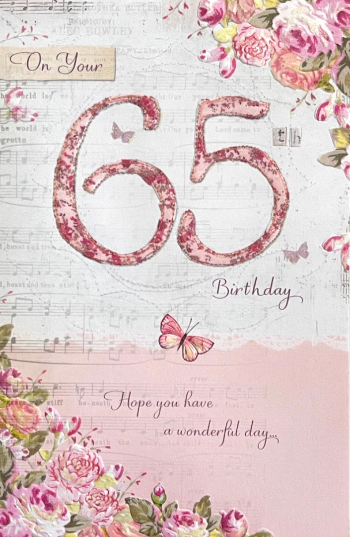 65th Birthday Card Family Friends Happy Moments Congratulations Flowers Butterfly Art