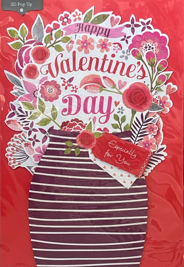 Pop Up 3D Happy Valentine's Day Card Large Vase Of Flowers Design Gorgeous
