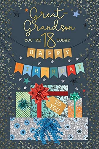 Great Grandson You're 18 Today Happy Birthday Glitter Presents Gold Foil Luxury Greeting Card