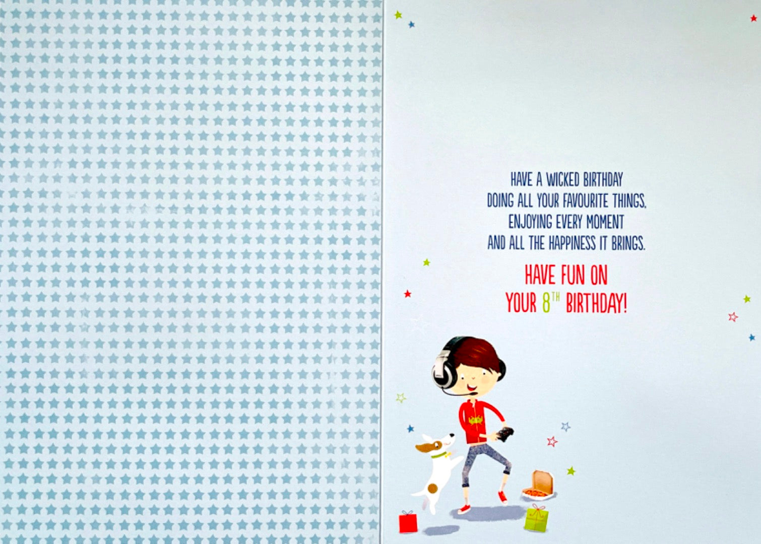 Personalised 8th Birthday Card for Little Boy Brother Son Grandson Godson Nephew Video Game Dog Pizza