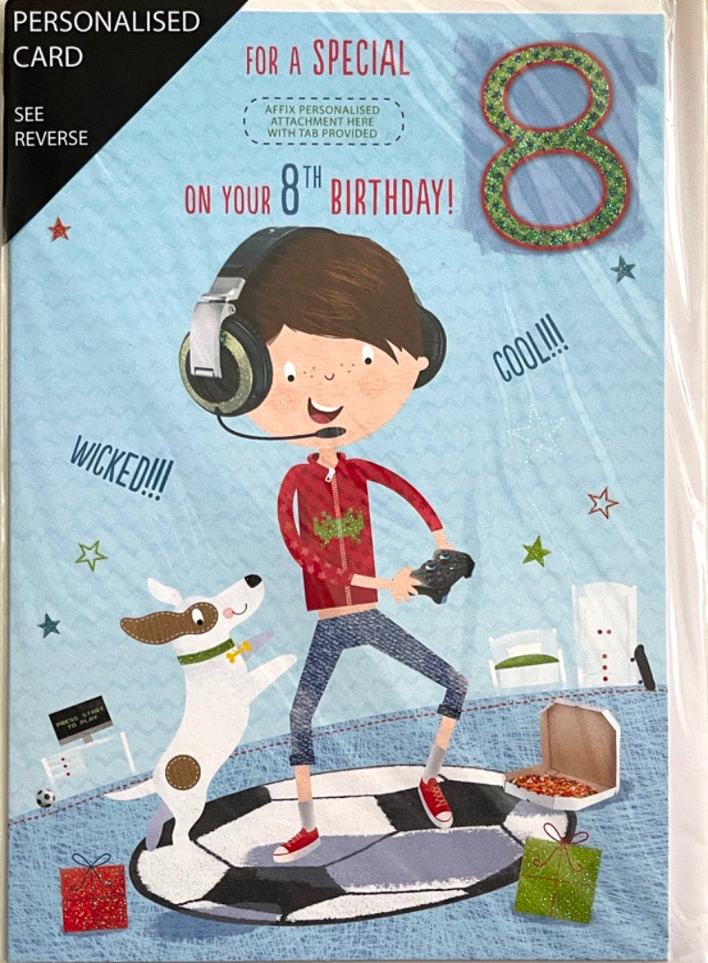 Personalised 8th Birthday Card for Little Boy Brother Son Grandson Godson Nephew Video Game Dog Pizza