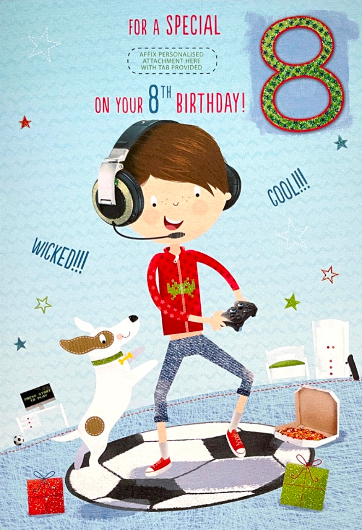 Personalised 8th Birthday Card for Little Boy Brother Son Grandson Godson Nephew Video Game Dog Pizza