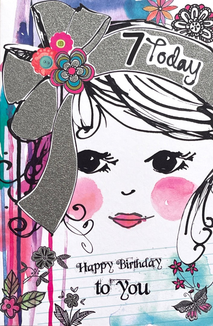 7 Today 7th Happy Birthday Card Girl Makeup Abstract Art with Glitter