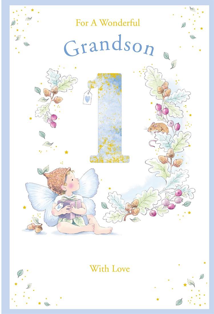 Grandson 1st Birthday Card Age 1 Acorn Pixie 9'' x 6'' Lovely Verse Silver Foiled