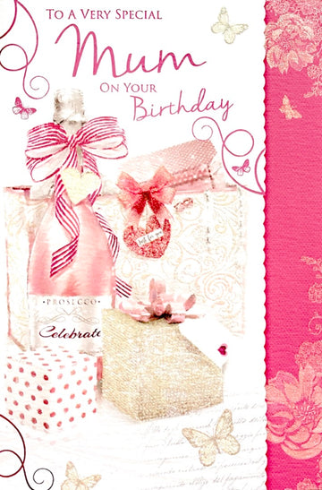 Very Special Mum Birthday Card Glitter Gifts Pink Prosecco Wine Butterfly Art