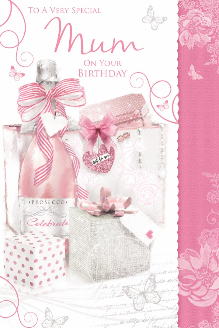 Very Special Mum Birthday Card Glitter Gifts Pink Prosecco Wine Butterfly Art