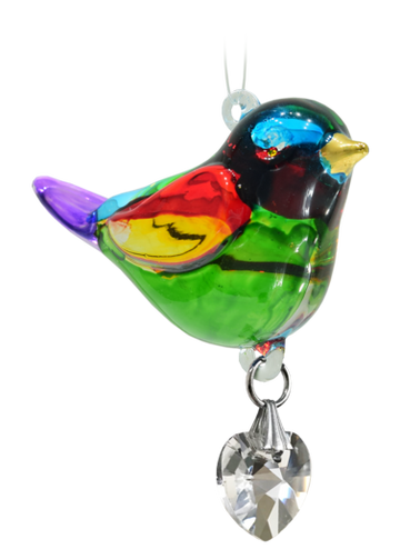 Rainbow Pretty Little Bird Hand Crafted Glass With Crystal Heart & 24 Carat Gold Painted
