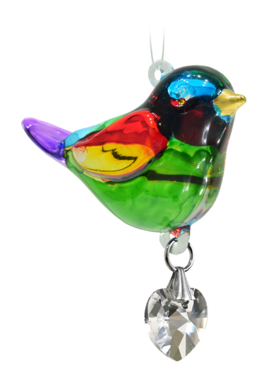 Rainbow Pretty Little Bird Hand Crafted Glass With Crystal Heart & 24 Carat Gold Painted