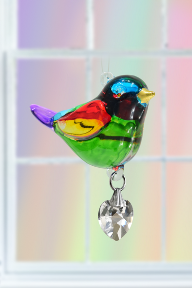 Rainbow Pretty Little Bird Hand Crafted Glass With Crystal Heart & 24 Carat Gold Painted