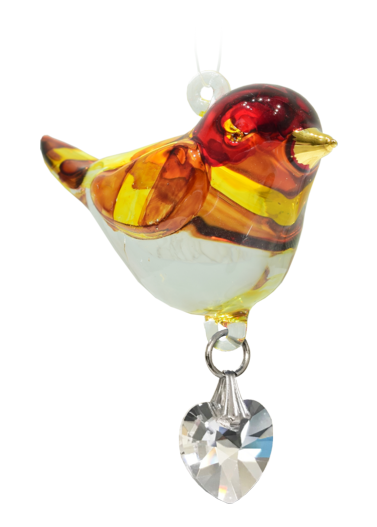 Goldfinch Pretty Little Bird Hand Crafted Glass With Crystal Heart & 24 Carat Gold Painted