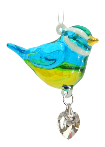Blue Tit Pretty Little Bird Hand Crafted Glass With Crystal Heart & 24 Carat Gold Painted