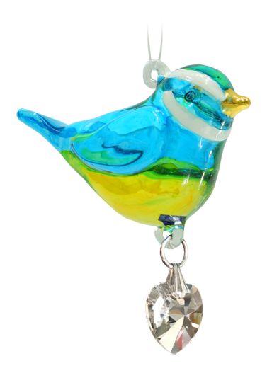 Blue Tit Pretty Little Bird Hand Crafted Glass With Crystal Heart & 24 Carat Gold Painted