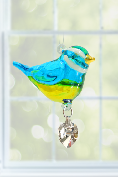 Blue Tit Pretty Little Bird Hand Crafted Glass With Crystal Heart & 24 Carat Gold Painted