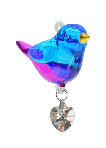 Evening Song Pretty Little Bird Hand Crafted Glass With Crystal Heart & 24 Carat Gold Painted - Gift Boxed