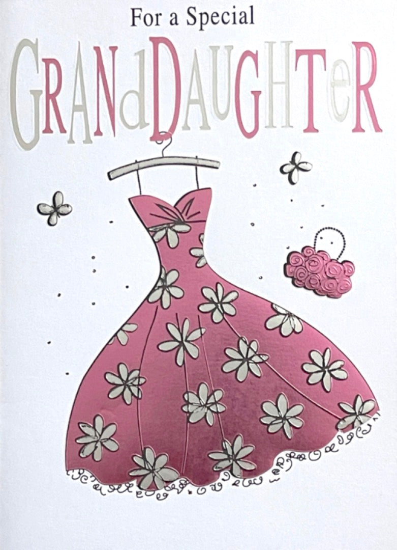 Special Granddaughter Happy Birthday Card Pink Foil Dress and Handbag With Flowers Art