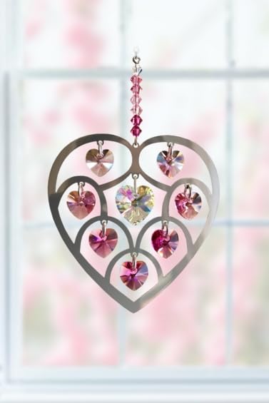 Heart Of Hearts - Large Crystal Suncatcher Pure Radiance Heart Deep Rose with Branded Gift Box