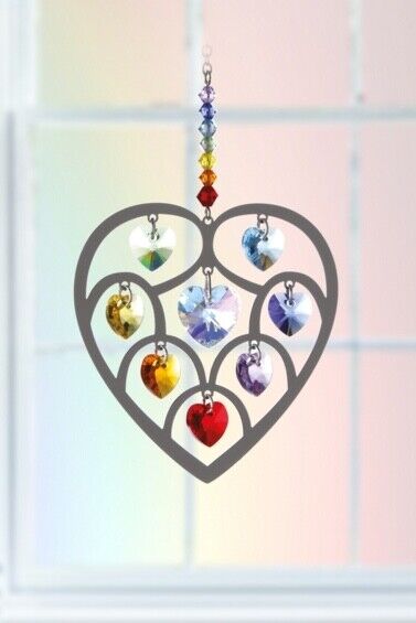 Heart of Hearts Chakra Crystal Silver Hanging Rainbow Sun-catcher/Rainbow Maker - Embellished with Swarovski Crystals