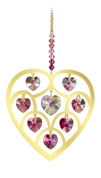 DEEP ROSE Crystals in Large Gold Heart Sun-catcher Mobile Valentine's Boxed Gift