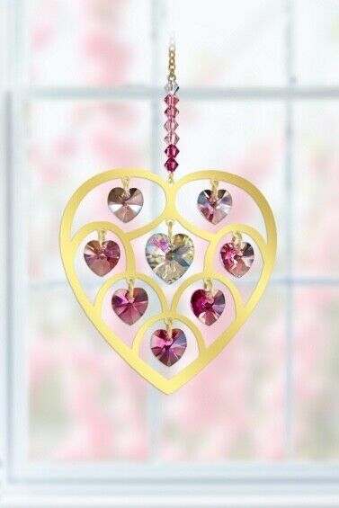 DEEP ROSE Crystals in Large Gold Heart Sun-catcher Mobile Valentine's Boxed Gift