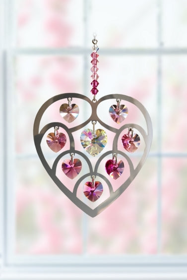 Deep Rose Pure Radiance Large Chrome Heart Crystal Hanging Sun-catcher Rainbow Maker Mobile Embellished with Austrian Crystals