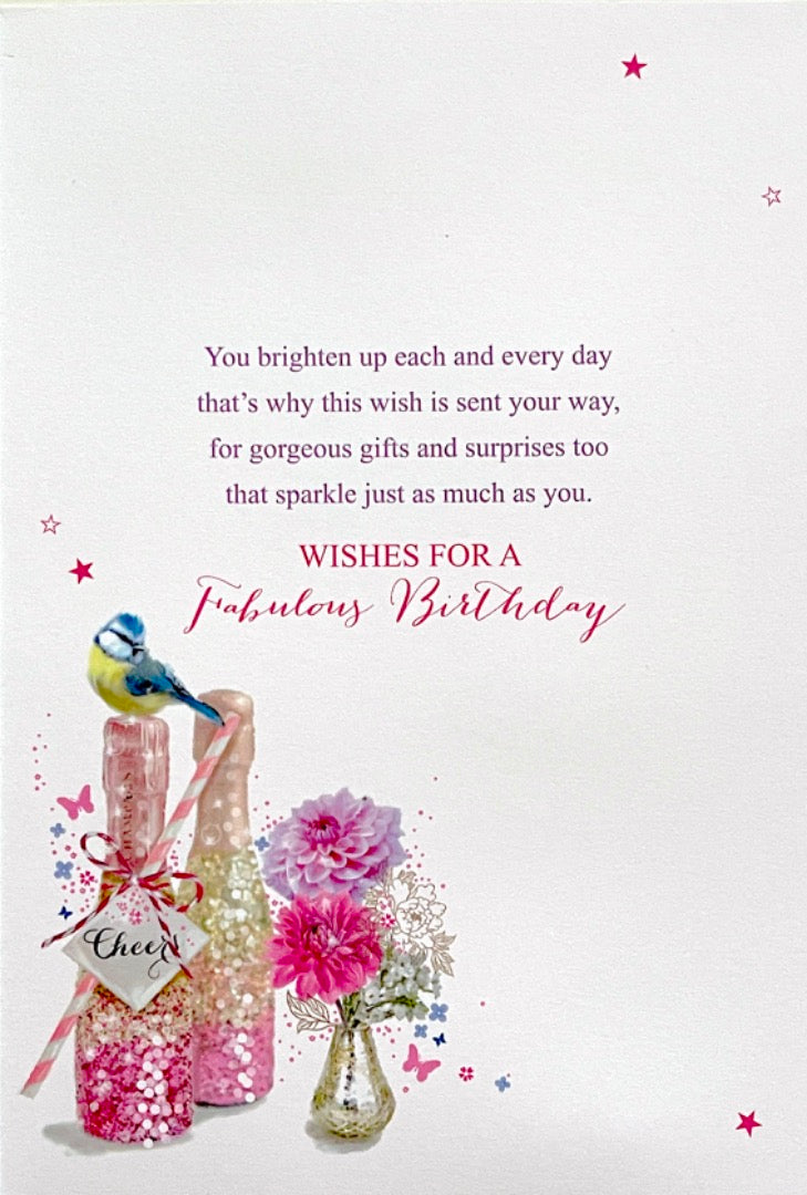 Personalised Happy Birthday Card For Mum Mom Mam Mummy Mother Stepmum Like a Mum - Blue Tit Bird Flowers Champagne Art