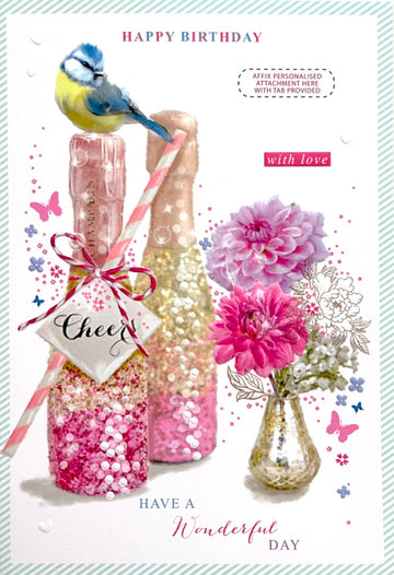 Personalised Happy Birthday Card For Mum Mom Mam Mummy Mother Stepmum Like a Mum - Blue Tit Bird Flowers Champagne Art